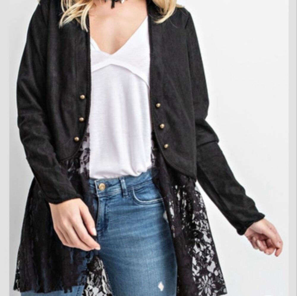 Vocal black faux suede open front military jacket with lace ruffle bottom size